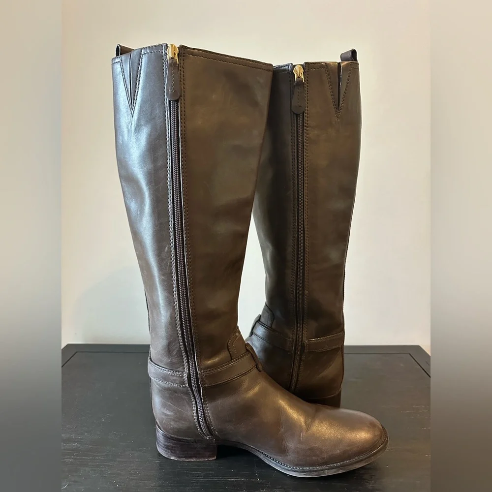 Tory Burch Bristol Brown Coconut Gold Leather Riding Boots Knee Both Size 8.5